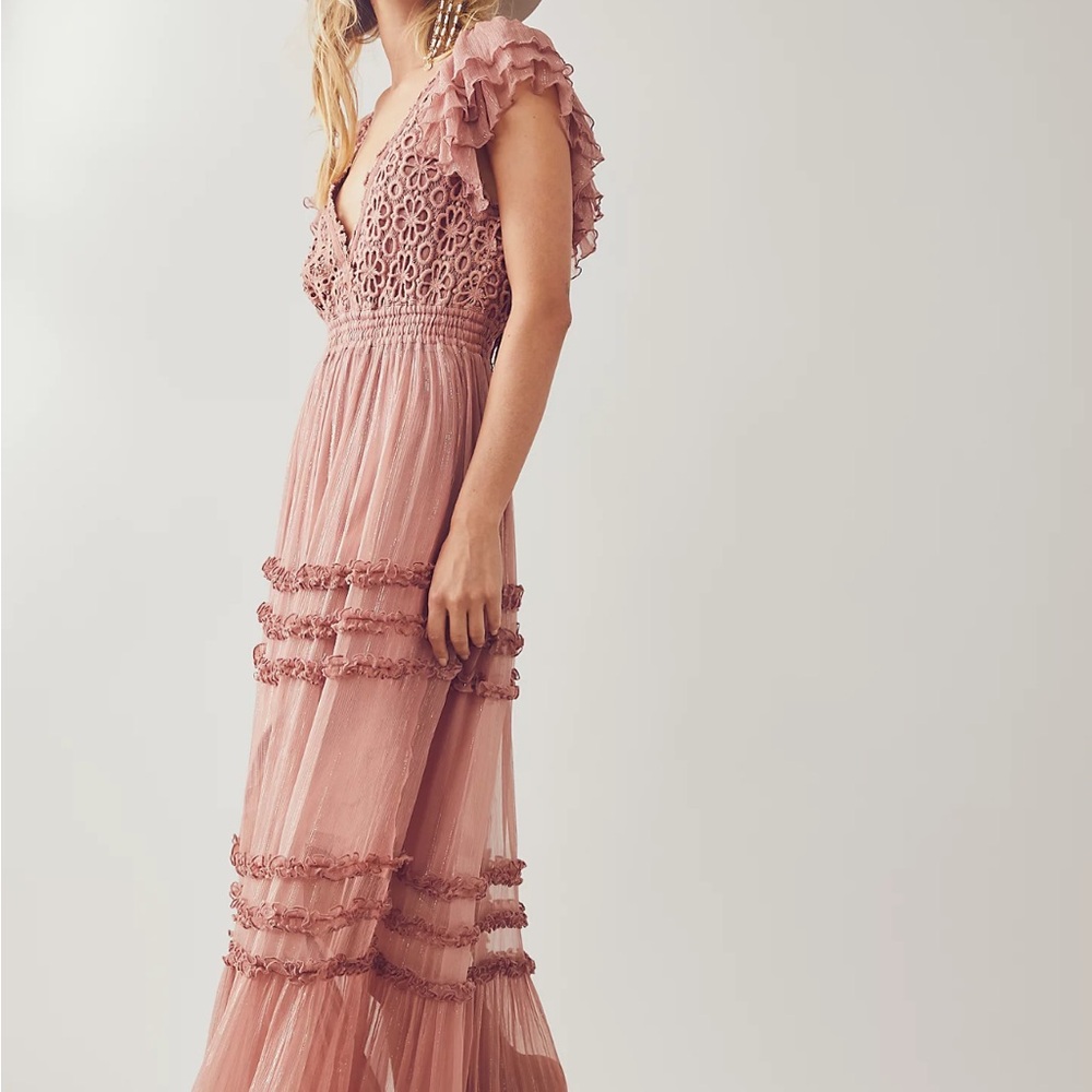 Free People Waterlily Maxi Dress Elegant Pink Lace